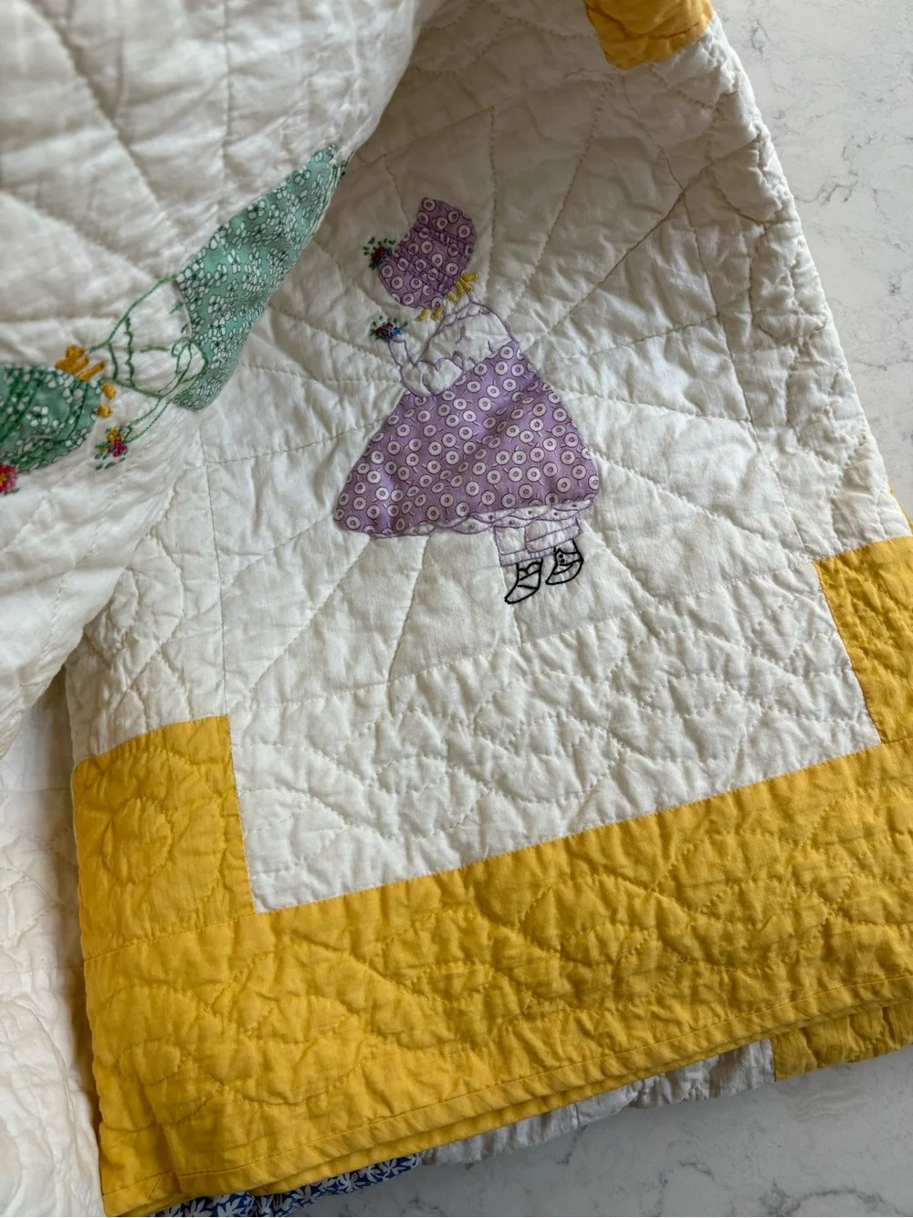Vintage Handmade 1950s Patchwork Doll Quilt in Cream and Yellow Organic Cotton